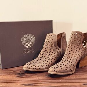 Vince Camuto heeled booties; size 9; laser cut out; suede booties;